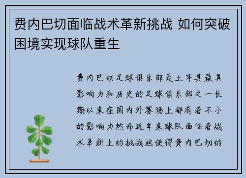 费内巴切面临战术革新挑战 如何突破困境实现球队重生