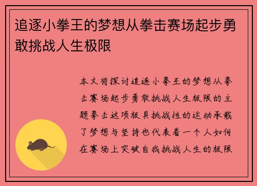 追逐小拳王的梦想从拳击赛场起步勇敢挑战人生极限