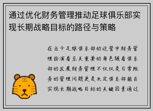 通过优化财务管理推动足球俱乐部实现长期战略目标的路径与策略